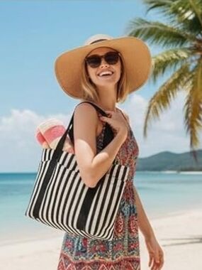 Black & White Striped Canvas Beach Tote Bag - Classic Summer Carryall